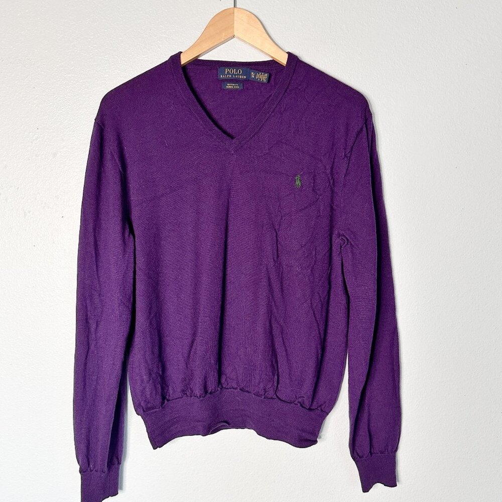 Polo Ralph Lauren Merino Wool Custom Fit Purple V Neck Sweater XL